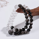 Natural Silver Obsidian White Crystal Double Circle Bracelet - Light & Strength